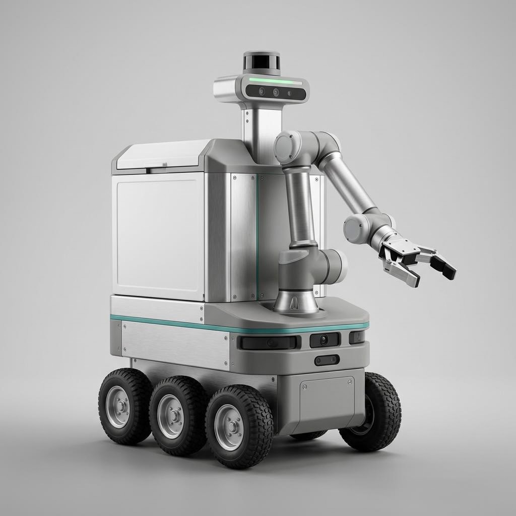 Illustrative product render of AI Delivery & Mobile Manipulation Robot