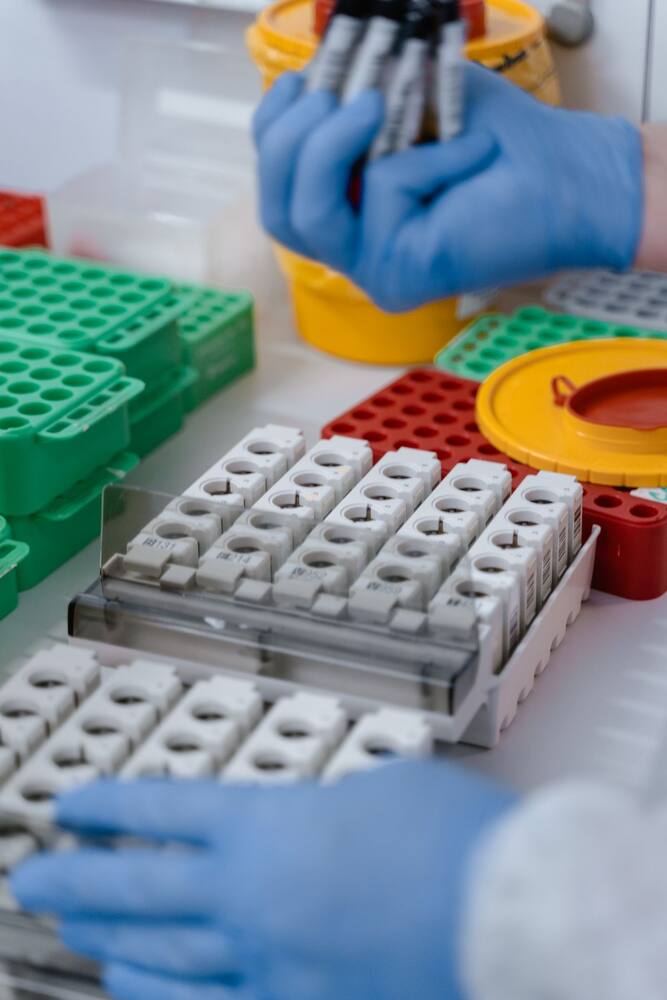 Gloved hands preparing laboratory samples